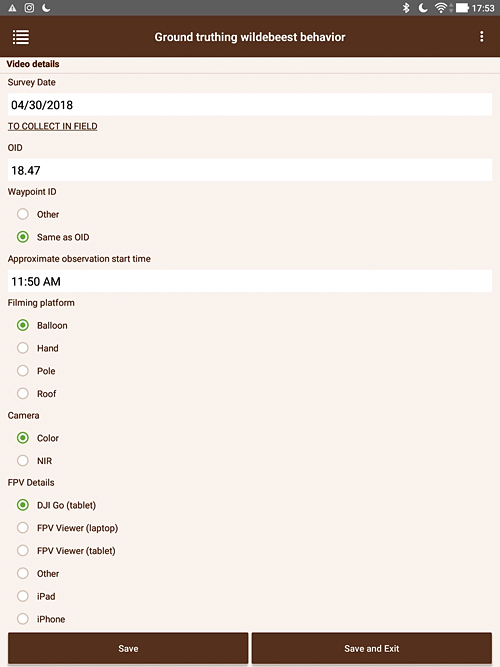 Sample of custom Wildnote survey for wildlife tracking. Title is "Ground truthing wildebeest behaviour”, then six fields followed by "Save" and "Save and Exit" buttons.