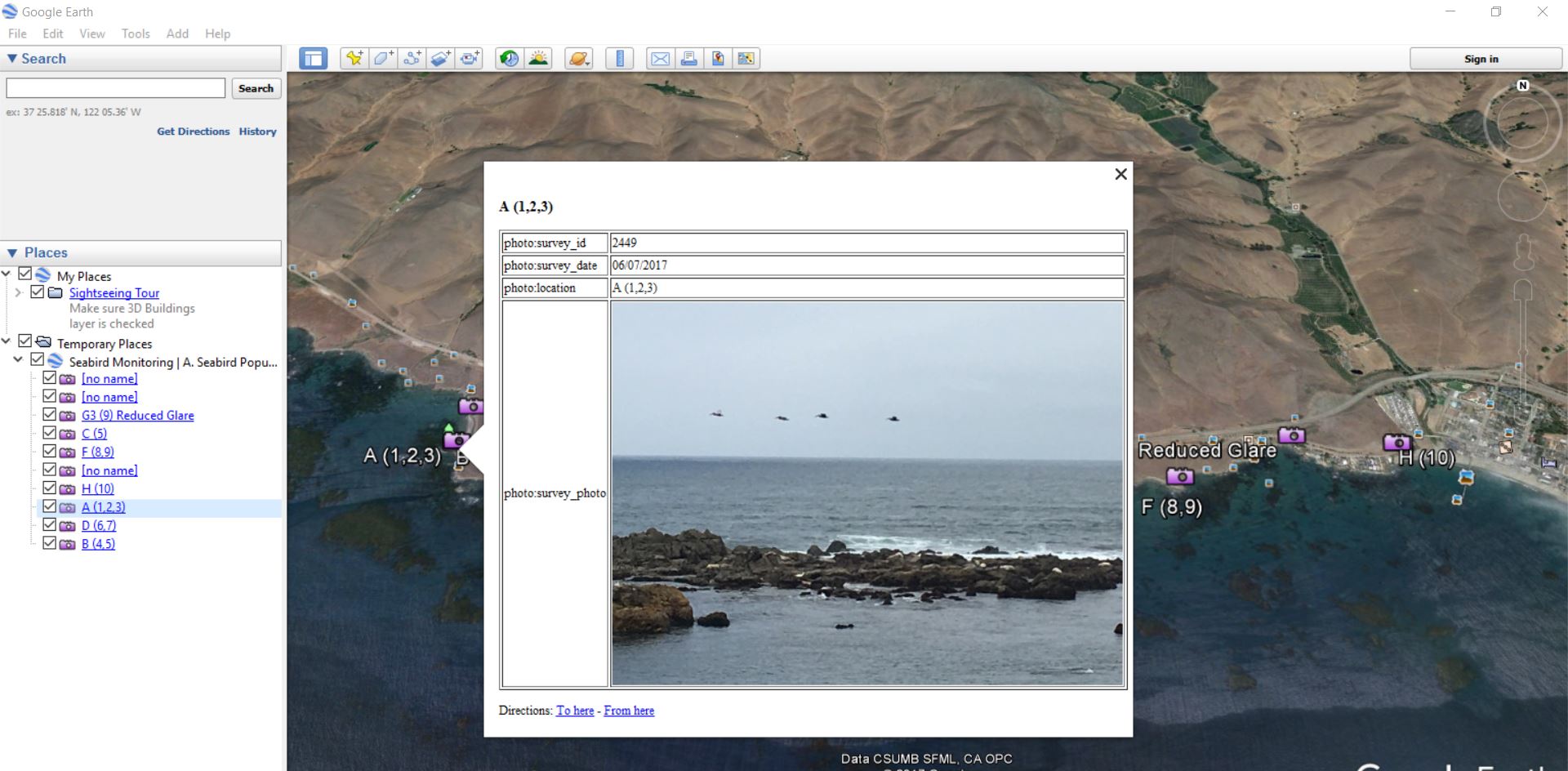 Screenshot of a Wildnote KML report in Google Earth showing a specific image along with the photo id, date, and location.