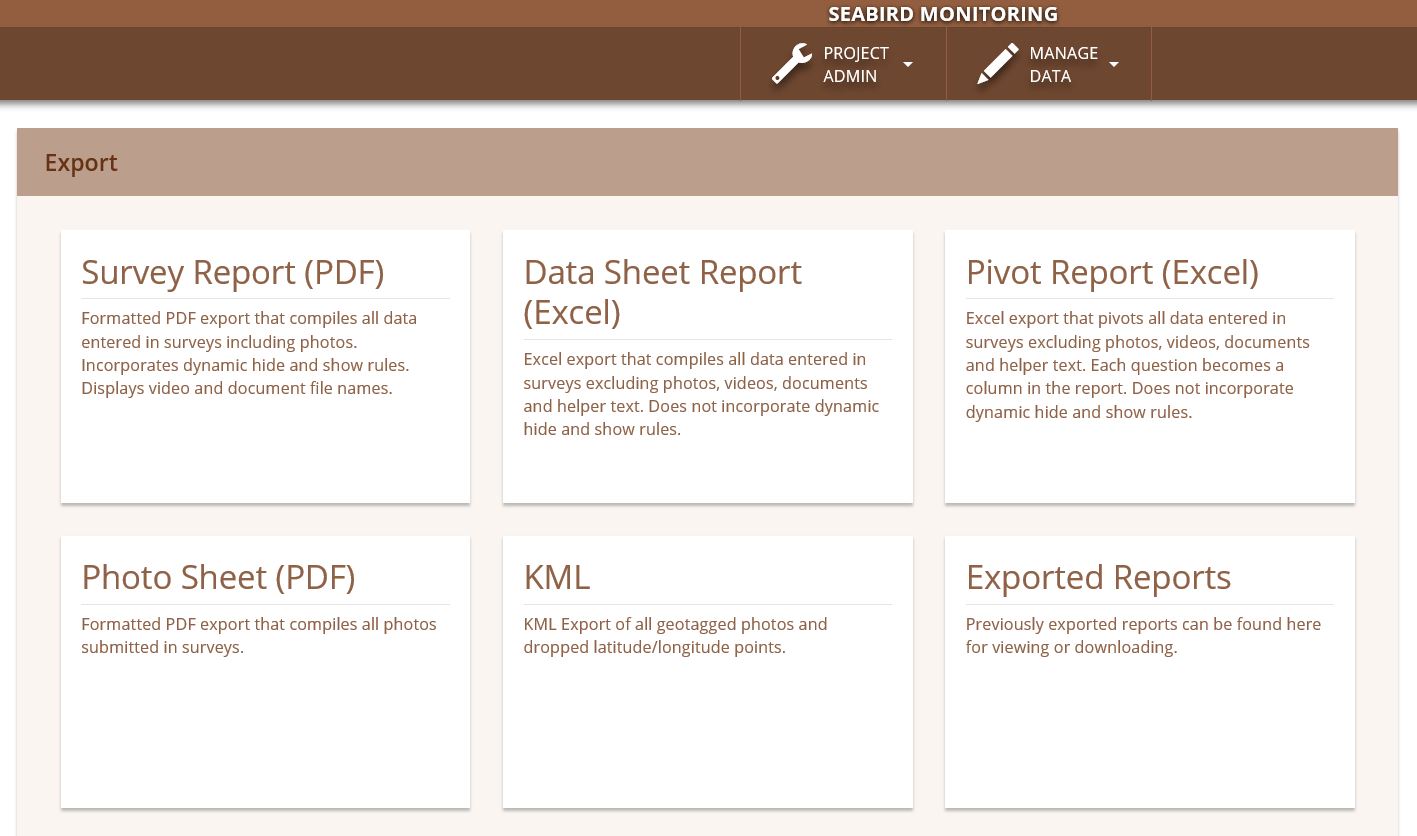 Screenshot of the Wildnote export dashboard showing five different export types including Survey Report, Data Sheet Report, Pivot Report, Photo Sheet, and KML.