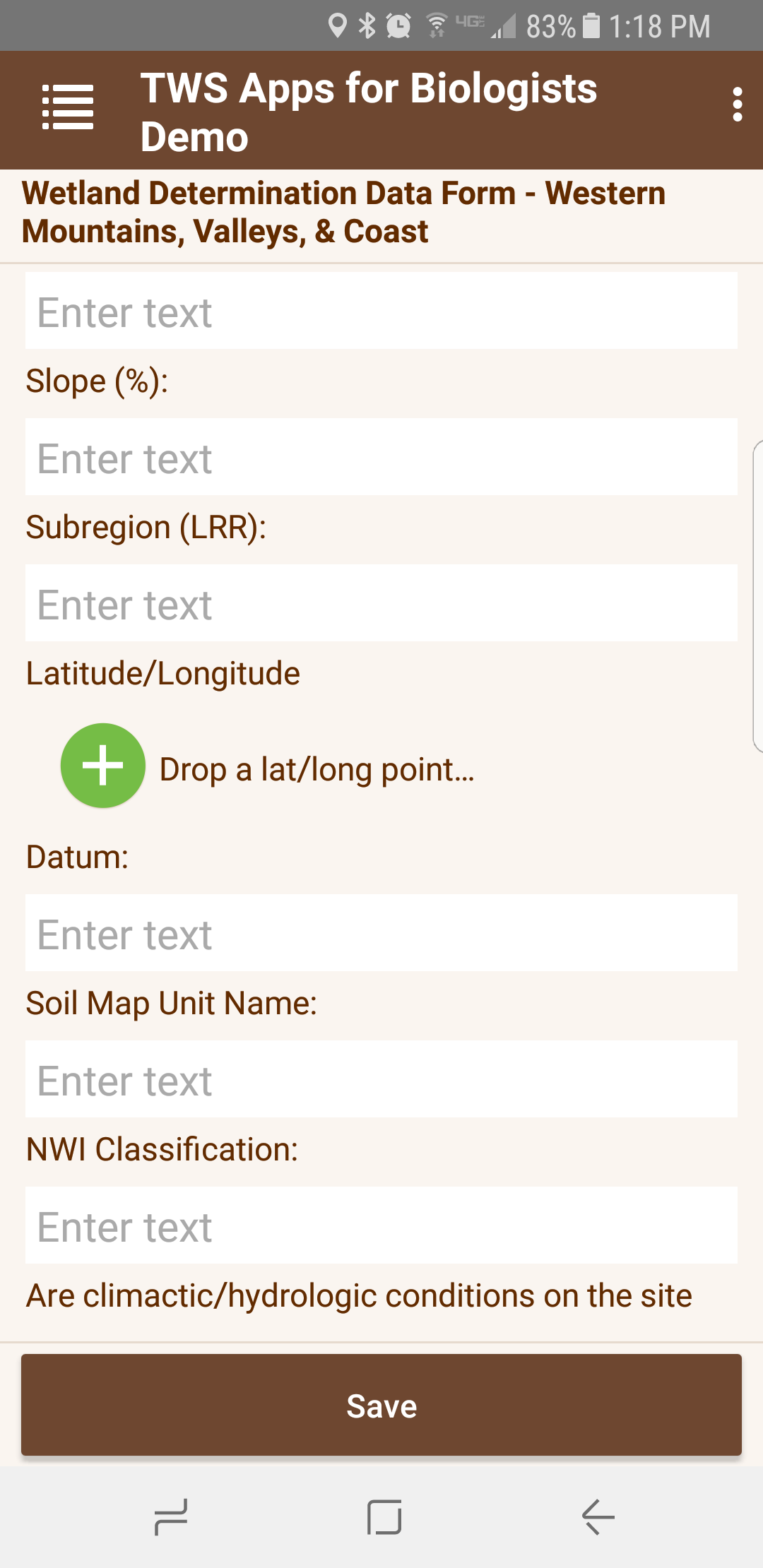 Screen shot of Wildnote's mobile app with Wetland Determination Data Form.