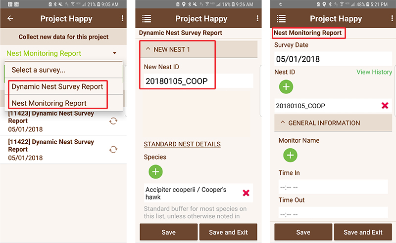 wildnote mobile app screen shot showing dynamic bird nest survey form and nest monitoring form