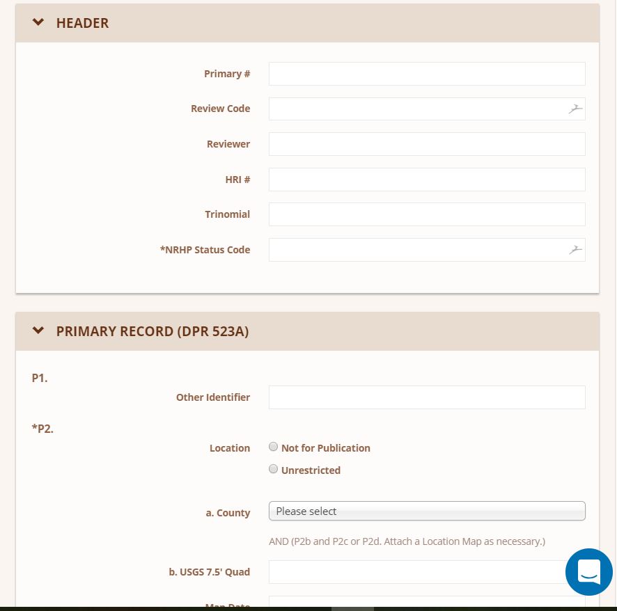 wildnote web app screen shot of a portion of the california dpr 253 primary record form