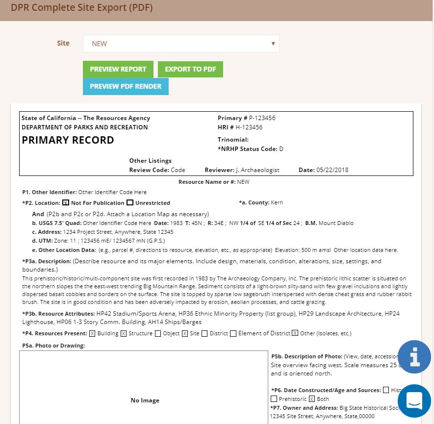 wildnote web app screen shot of a portion of the dpr complete site export for the california primary record