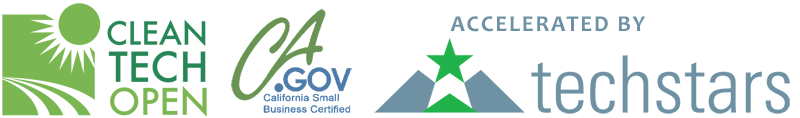 Logos for three environmental technology awards: Clean Tech Open, California Small Business Center and Accelerated by Techstars